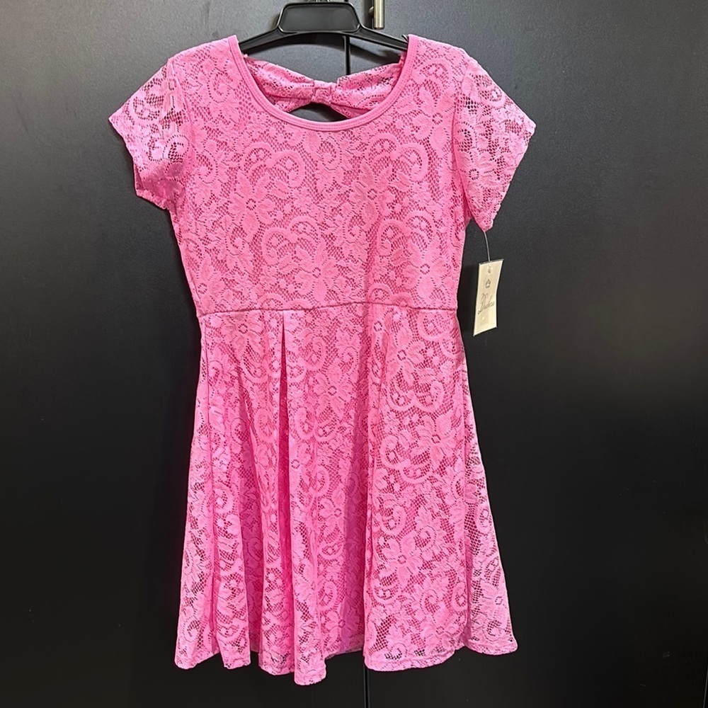 Duchess Lace Overlay, lined, crossback bow back, round neck,short sleeve,flare